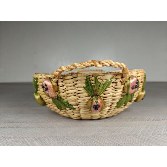 Vintage Woven Raffia Straw Round Casserole Basket With Fruit Accents Handles - Picture 5 of 9